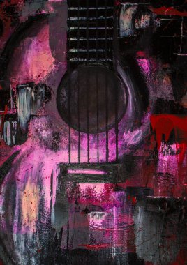 Yağlı boya gitar. Soyut gitar. Tuval üzerine güzel kırmızı gitar. Arka plan. Doku.