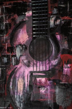 Yağlı boya gitar. Soyut gitar. Tuval üzerine güzel kırmızı gitar. Arka plan. Doku.