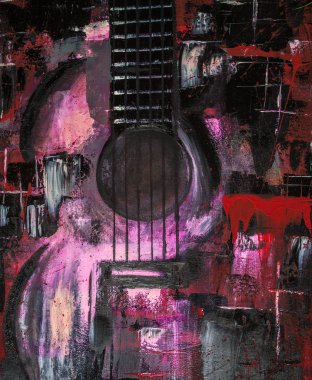 Yağlı boya gitar. Soyut gitar. Tuval üzerine güzel kırmızı gitar. Arka plan. Doku.