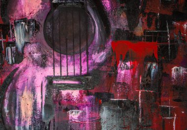 Yağlı boya gitar. Soyut gitar. Tuval üzerine güzel kırmızı gitar. Arka plan. Doku.