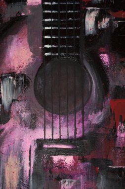 Yağlı boya gitar. Soyut gitar. Tuval üzerine güzel kırmızı gitar. Arka plan. Doku.