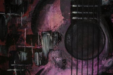 Yağlı boya gitar. Soyut gitar. Tuval üzerine güzel kırmızı gitar. Arka plan. Doku.