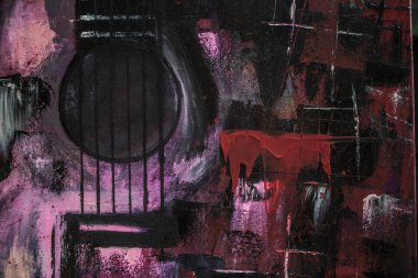 Yağlı boya gitar. Soyut gitar. Tuval üzerine güzel kırmızı gitar. Arka plan. Doku.