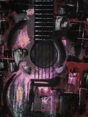 Yağlı boya gitar. Soyut gitar. Tuval üzerine güzel kırmızı gitar. Arka plan. Doku.
