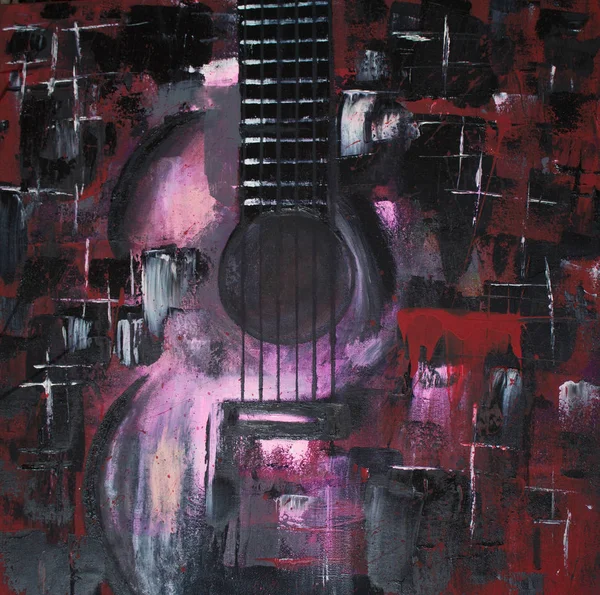 Yağlı boya gitar. Soyut gitar. Tuval üzerine güzel kırmızı gitar. Arka plan. Doku.