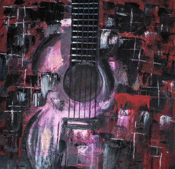 Guitarra Pintura Óleo Violão Abstrato Bela Guitarra Vermelha Sobre Tela — Fotografia de Stock
