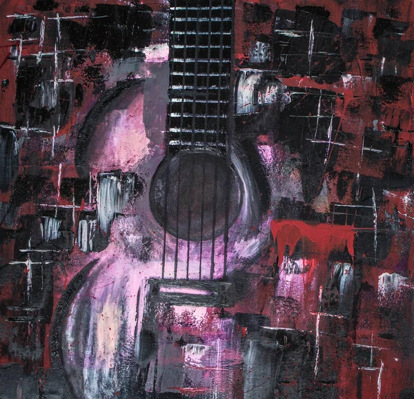 Oil painting guitar. Abstract guitar. Beautiful red guitar on canvas. Background. Texture.