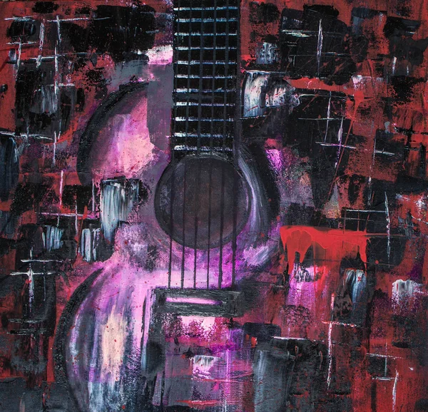 Yağlı boya gitar. Soyut gitar. Tuval üzerine güzel kırmızı gitar. Arka plan. Doku.