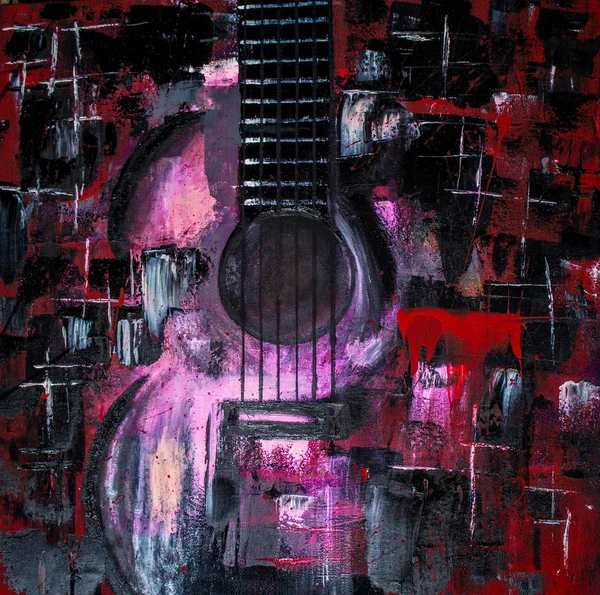 Guitarra Pintura Óleo Violão Abstrato Bela Guitarra Vermelha Sobre Tela — Fotografia de Stock