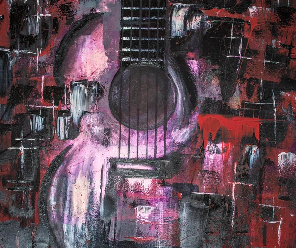 Yağlı boya gitar. Soyut gitar. Tuval üzerine güzel kırmızı gitar. Arka plan. Doku.