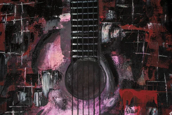 Yağlı boya gitar. Soyut gitar. Tuval üzerine güzel kırmızı gitar. Arka plan. Doku.