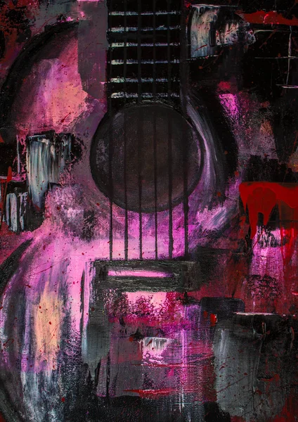 Yağlı boya gitar. Soyut gitar. Tuval üzerine güzel kırmızı gitar. Arka plan. Doku.