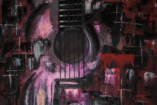 Yağlı boya gitar. Soyut gitar. Tuval üzerine güzel kırmızı gitar. Arka plan. Doku.