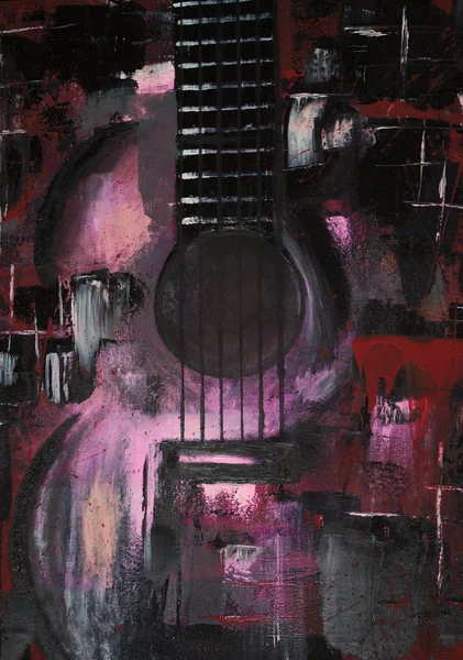 Yağlı boya gitar. Soyut gitar. Tuval üzerine güzel kırmızı gitar. Arka plan. Doku.