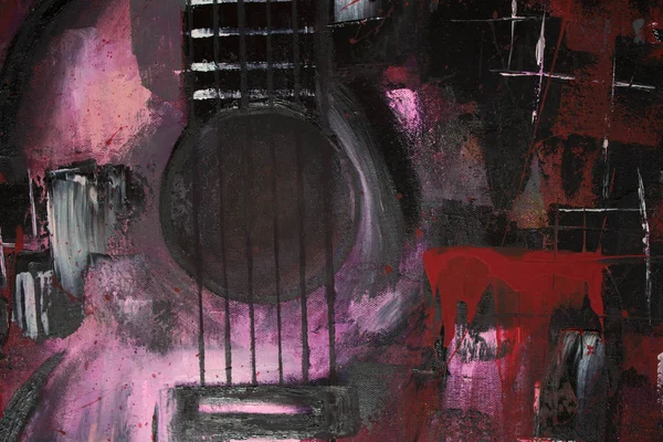 Oil painting guitar. Abstract guitar. Beautiful red guitar on canvas. Background. Texture.