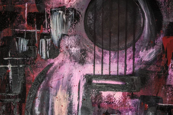 Yağlı boya gitar. Soyut gitar. Tuval üzerine güzel kırmızı gitar. Arka plan. Doku.