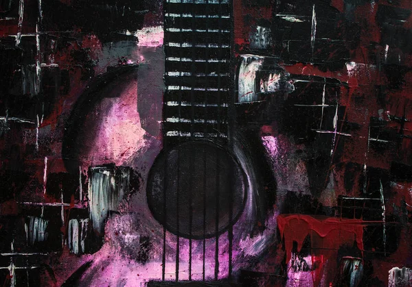 Yağlı boya gitar. Soyut gitar. Tuval üzerine güzel kırmızı gitar. Arka plan. Doku.