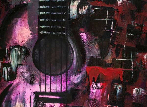 Oil painting guitar. Abstract guitar. Beautiful red guitar on canvas. Background. Texture.