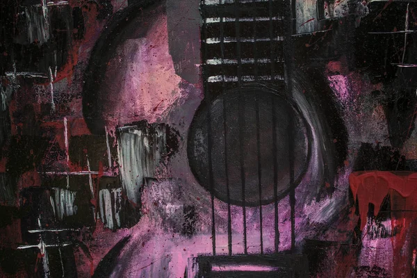 Yağlı boya gitar. Soyut gitar. Tuval üzerine güzel kırmızı gitar. Arka plan. Doku.