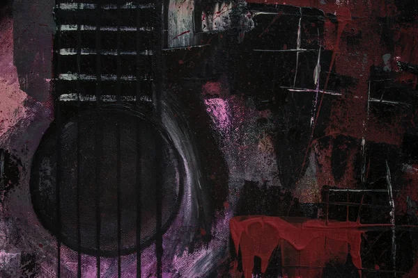 Yağlı boya gitar. Soyut gitar. Tuval üzerine güzel kırmızı gitar. Arka plan. Doku.