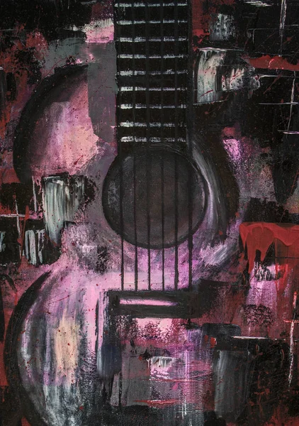 Yağlı boya gitar. Soyut gitar. Tuval üzerine güzel kırmızı gitar. Arka plan. Doku.