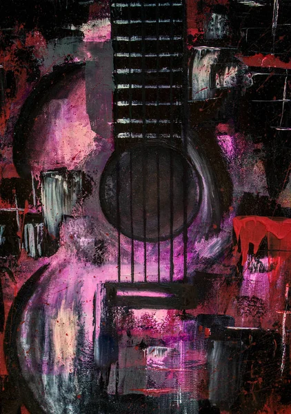 Oil painting guitar. Abstract guitar. Beautiful red guitar on canvas. Background. Texture.