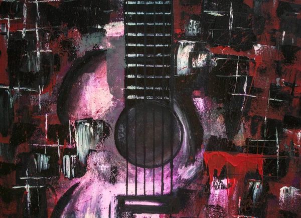 Oil painting guitar. Abstract guitar. Beautiful red guitar on canvas. Background. Texture.