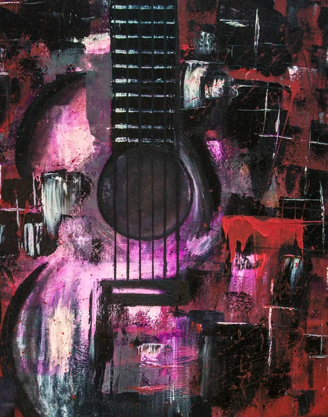 Yağlı boya gitar. Soyut gitar. Tuval üzerine güzel kırmızı gitar. Arka plan. Doku.