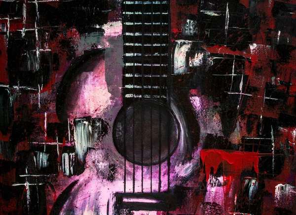 Oil painting guitar. Abstract guitar. Beautiful red guitar on canvas. Background. Texture.