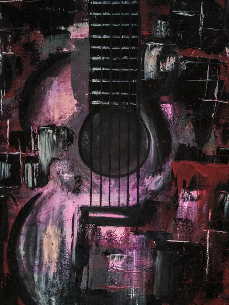 Yağlı boya gitar. Soyut gitar. Tuval üzerine güzel kırmızı gitar. Arka plan. Doku.