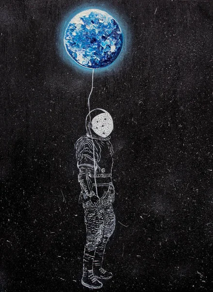 Oil painting. The astronaut and the earth. Background.