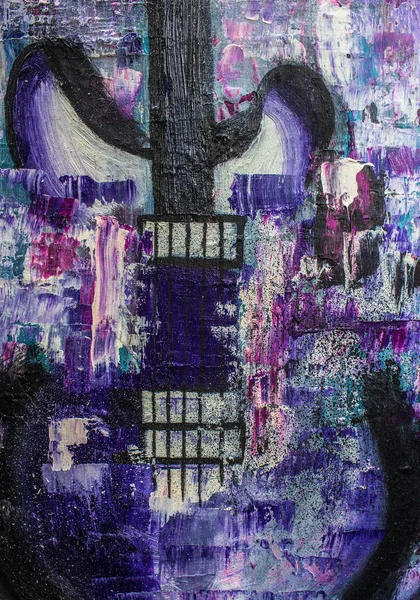 Guitar Oil Painting. Guitar on canvas. Violet abstract guitar. Background. Texture.