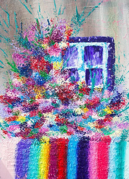 Oil Painting Window Flowers Background Texture — Stock Photo, Image