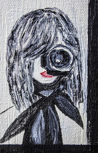 Oil Portrait Girl Camera Background Texture Design — Stock Photo, Image