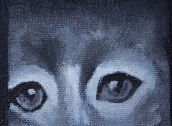 Portrét Šedé Kočky Oleji Plátně Smutná Kočka Pozadí Textura Návrh — Stock fotografie