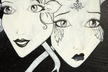 Maske yağı boyası. Üzgün ve neşeli maskeler. Geçmişi. Doku.