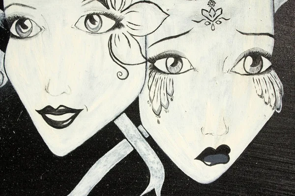 Maske yağı boyası. Üzgün ve neşeli maskeler. Geçmişi. Doku.