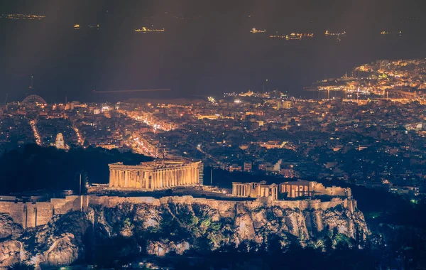 Nachtzicht Beroemde Akropolis Athene Griekenland Warme Kleuren — Stockfoto