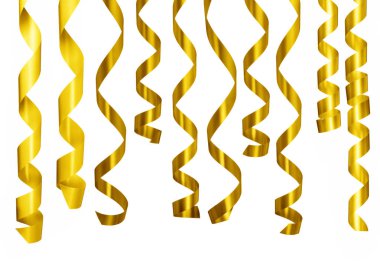 Beyaz arka plan üzerinde asılı farklı altın rengi Noel şeritler. 