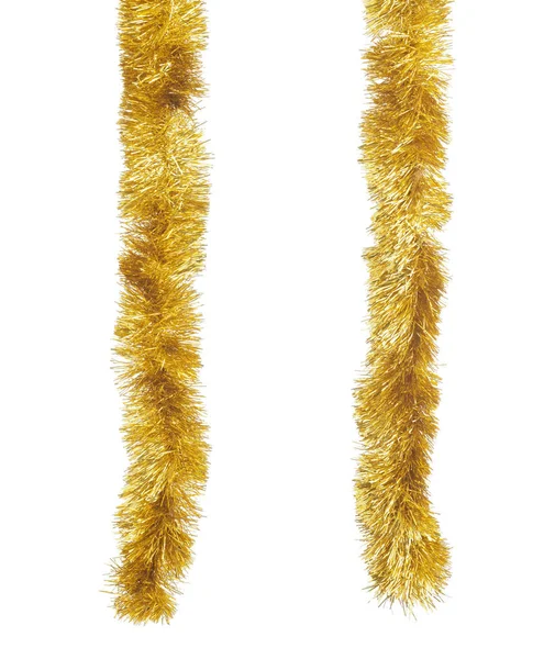 Dva Zlaté Vánoční Tinsels Visí Svislé Poloze Izolované Bílém Pozadí — Stock fotografie