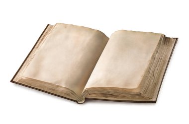 Beyaz arka planda izole edilmiş iki boş sayfası olan eski açık bir kitap. Kesme yolu