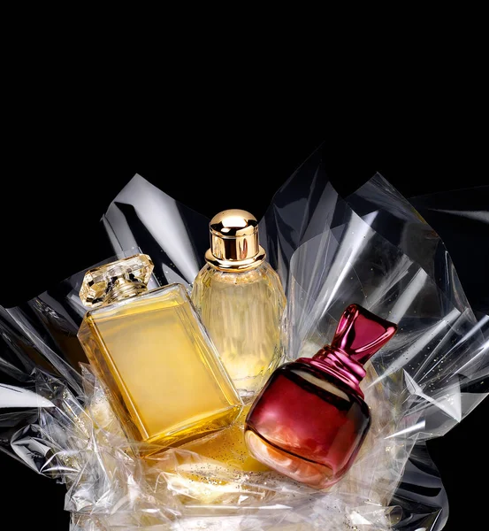 Garrafas Perfume Genérico Conjunto Presente Fundo Preto — Fotografia de Stock