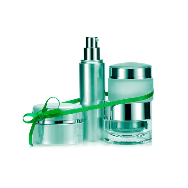 Productos Belleza Conjunto Regalo Atado Con Una Cinta Verde Sobre — Foto de Stock