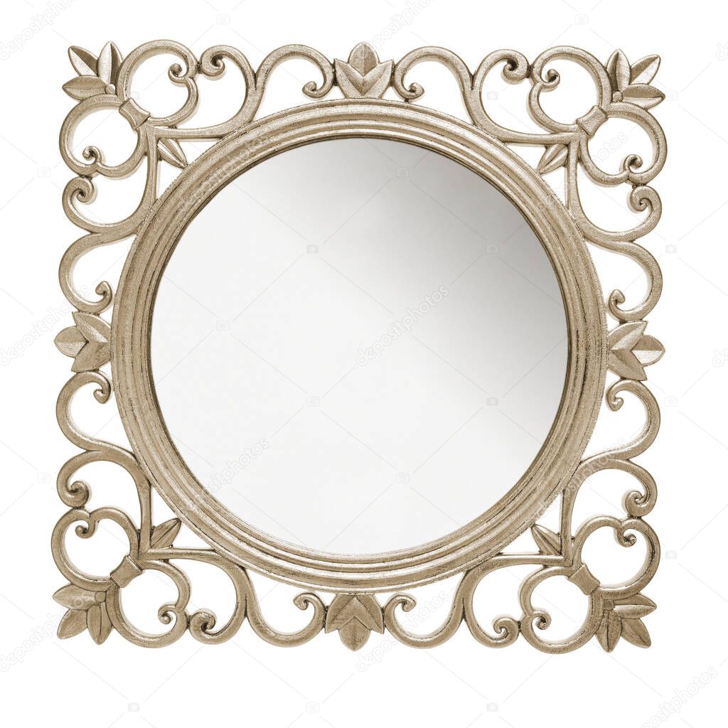 Ancient rustic mirror frame against white background