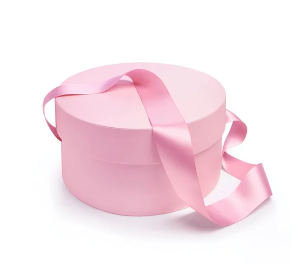 Κουτί Δώρου Στρογγυλό Σχήμα Ροζ Χρώμα Ταινία Λαβή Απομονωμένα Λευκό — Φωτογραφία Αρχείου