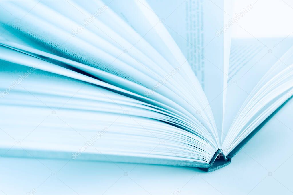 Shallow depth of field in open book in blue color. Defocused pages works like copy space