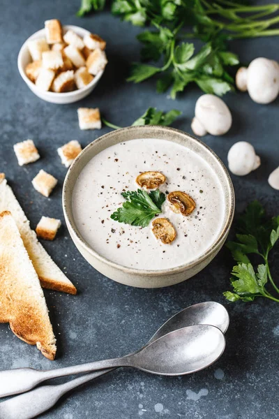 Yummy white mushroom cream soup with champignons on dark table — Stock Image Yummy White Mushroom Cream Soup Champignons Dark Table Stock Image