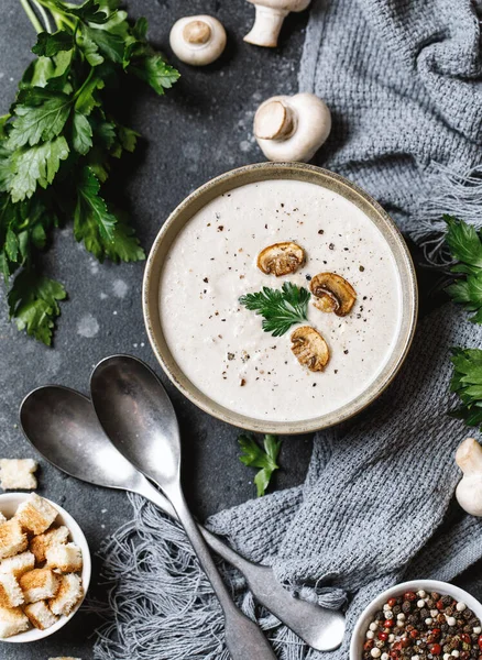 Yummy white mushroom cream soup with champignons on dark table — Stock Image Yummy White Mushroom Cream Soup Champignons Dark Table Royalty Free Stock Images