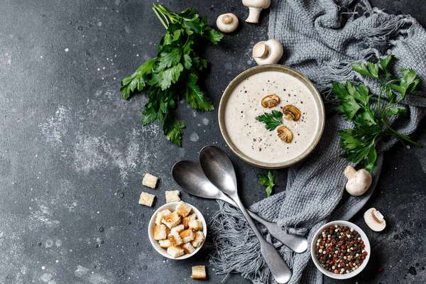 Yummy white mushroom cream soup with champignons on dark table — Stock Image Yummy White Mushroom Cream Soup Champignons Dark Table Stock Picture