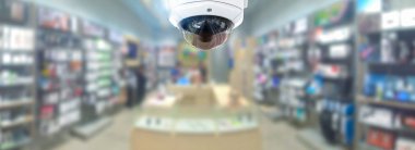 CCTV güvenlik panorama shop mağazası bulanık arka plan ile.